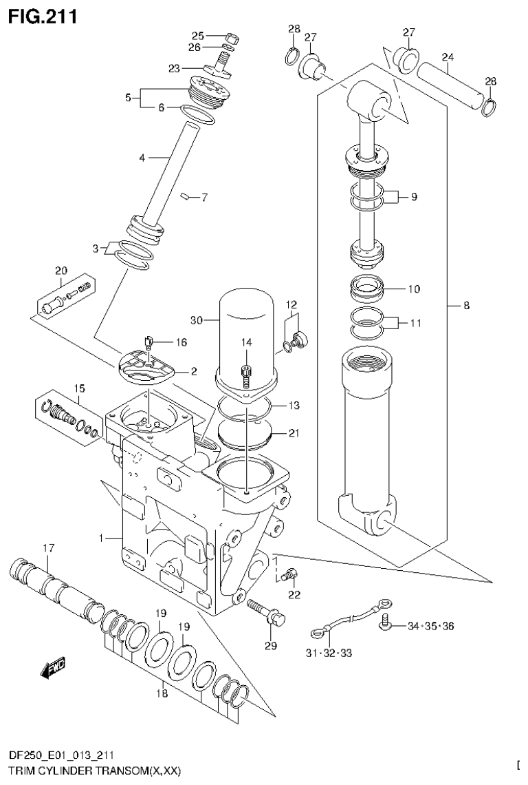 Suzuki DF200T, DF200Z, DF225T, DF225Z, DF250T, DF250Z TRIM CYLINDER TRANSOM(X,XX) (DF200Z E1) parts diagram